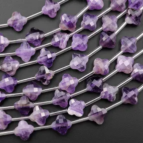 4 Four Leaf Clover Beads Natural Purple Amethyst Carved Faceted Flower Gemstone 10mm 15.5" Strand