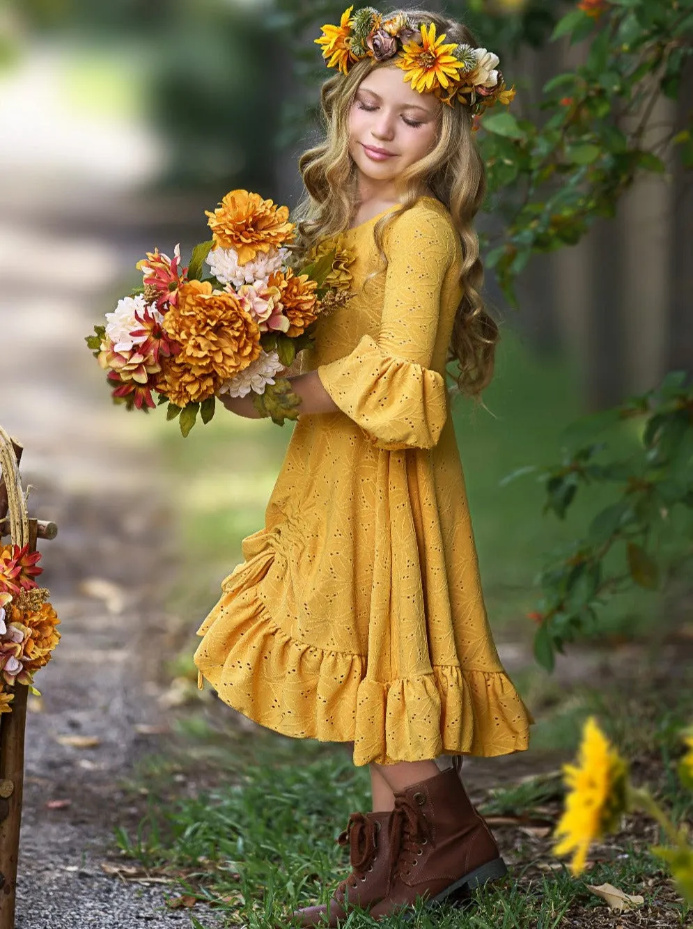 Autumntime Hi-Lo Drawstring Eyelet Ruffle Dress