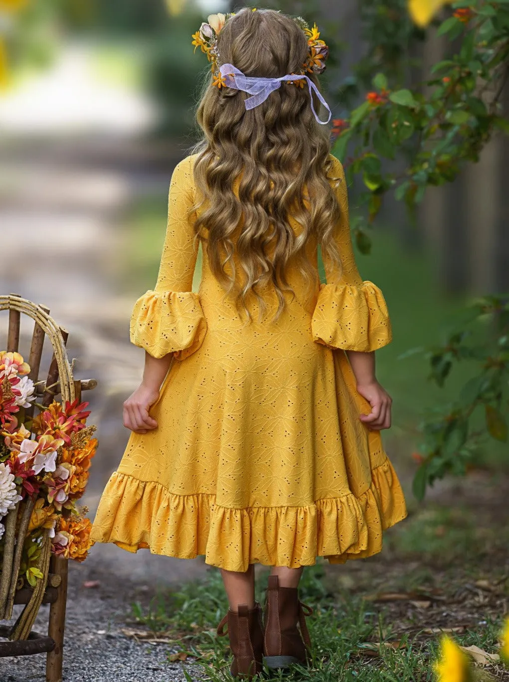 Autumntime Hi-Lo Drawstring Eyelet Ruffle Dress