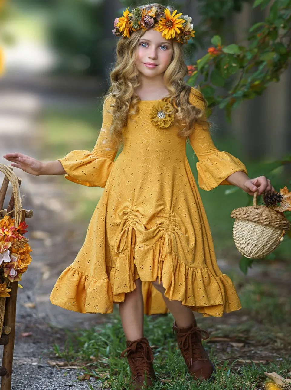 Autumntime Hi-Lo Drawstring Eyelet Ruffle Dress