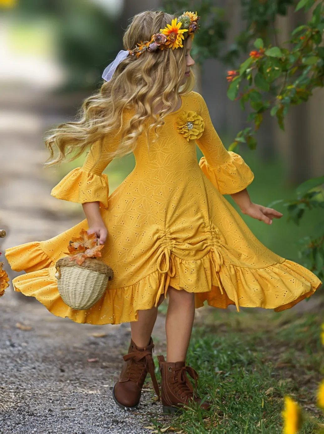 Autumntime Hi-Lo Drawstring Eyelet Ruffle Dress