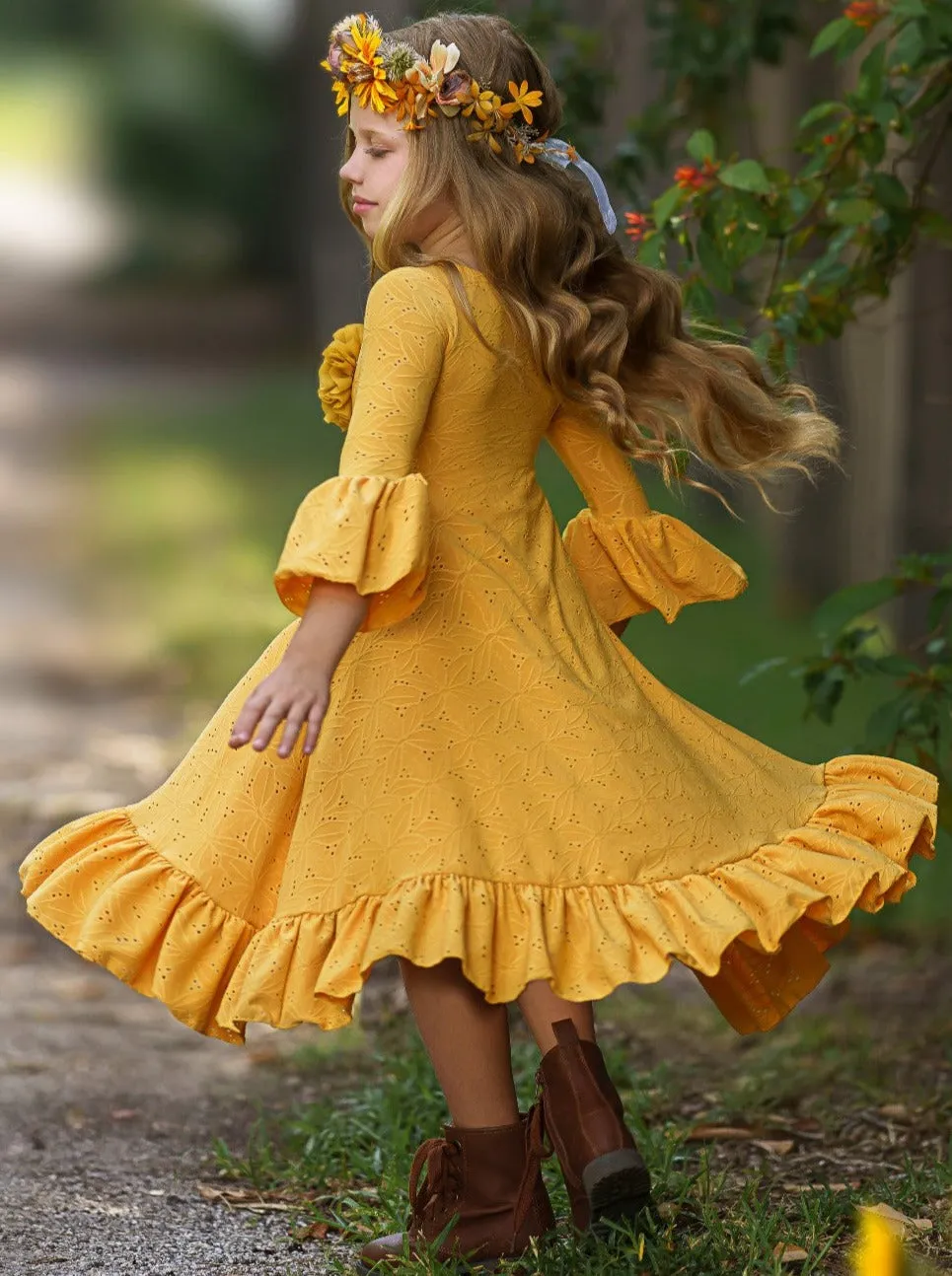 Autumntime Hi-Lo Drawstring Eyelet Ruffle Dress