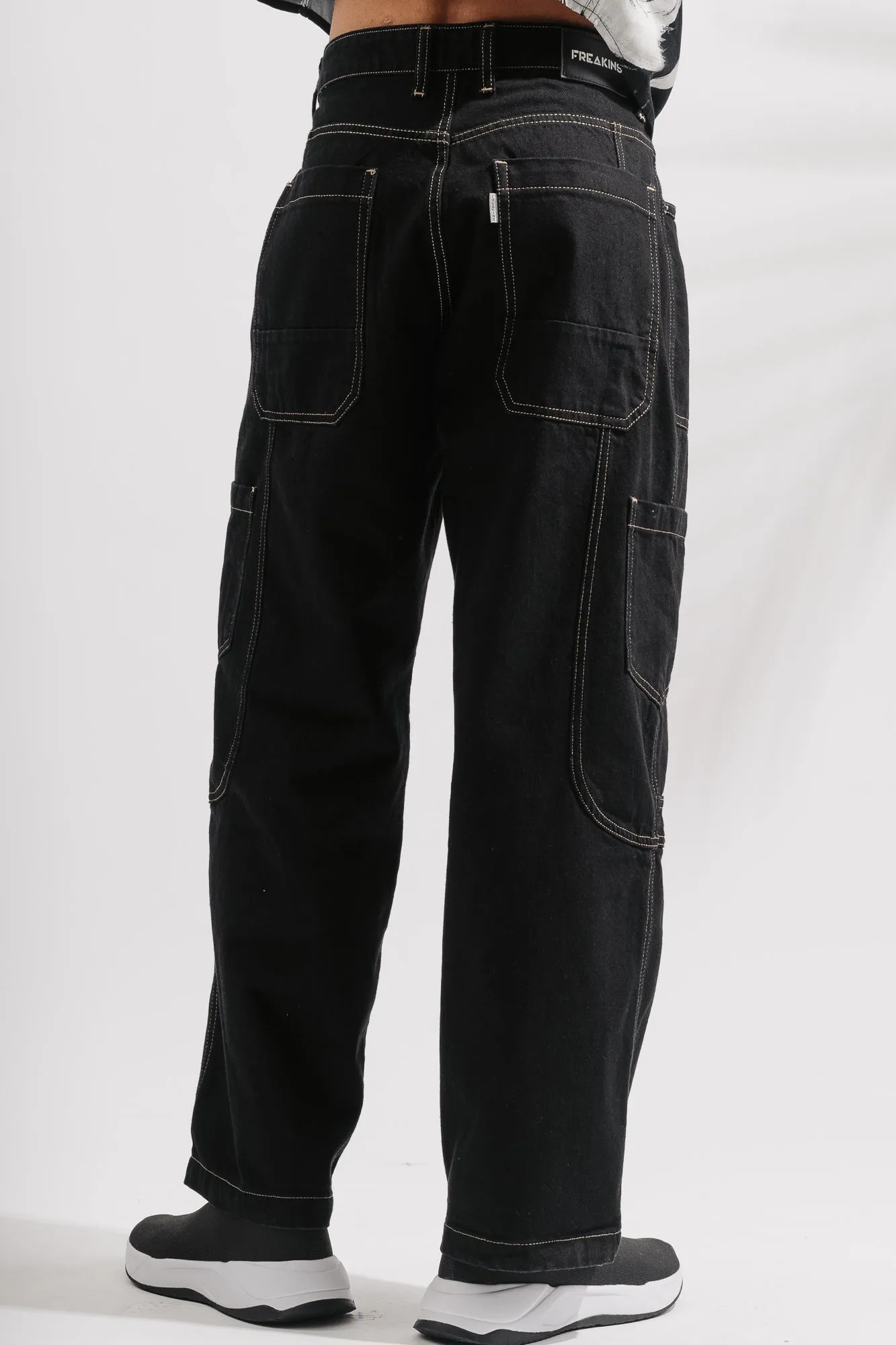 Black Contrast Seam Men's Cargo Jeans