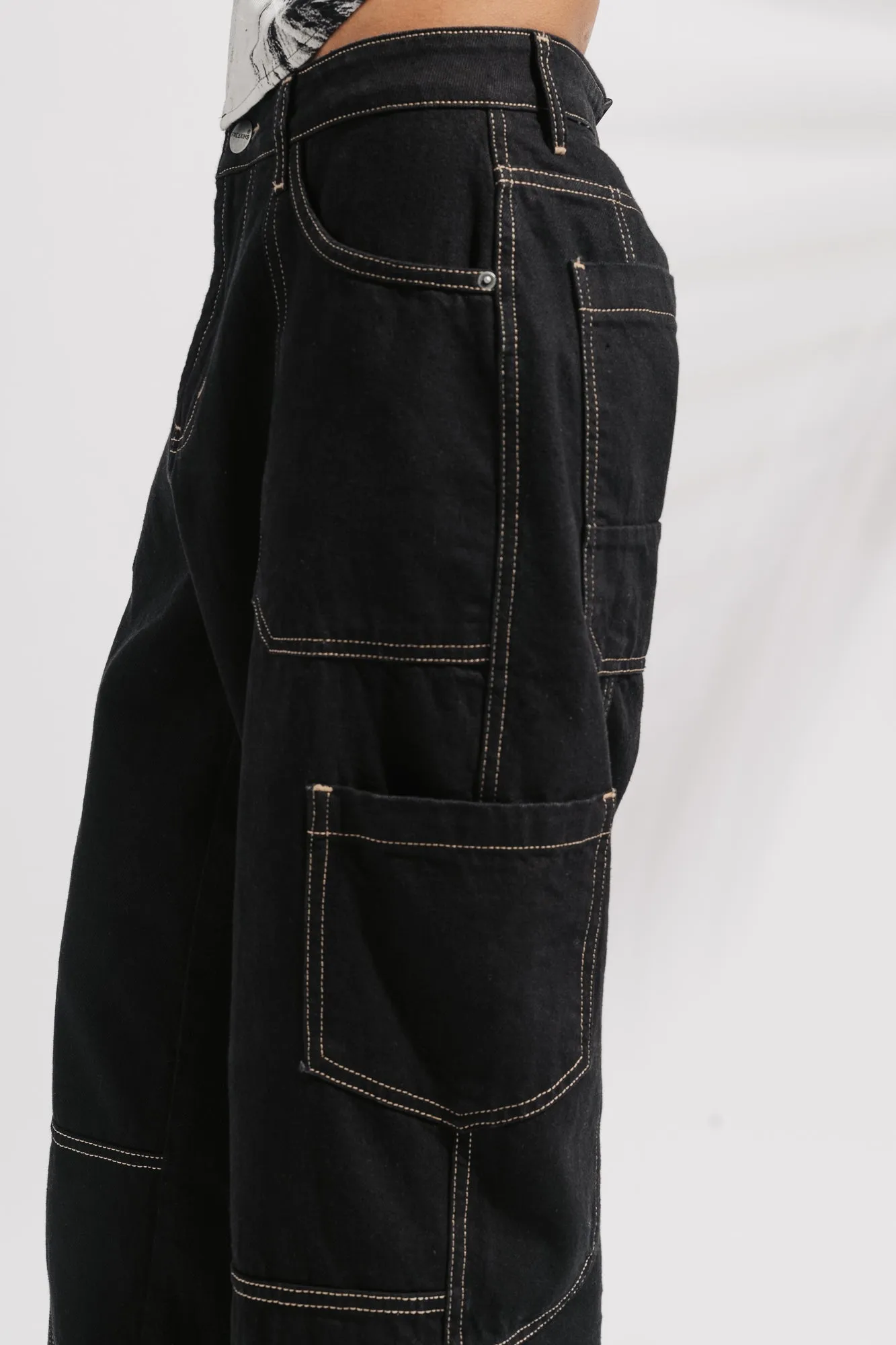 Black Contrast Seam Men's Cargo Jeans