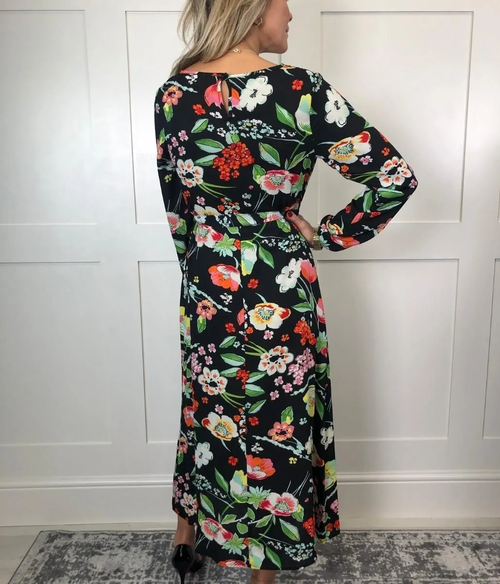 Black Vibrant Flower Print Midi Dress