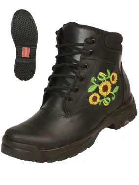 Botines Casuales con Agujetas Bordado de Girasoles de Piel Genuina para Mujer/Joven 'El General' - ID: 43346