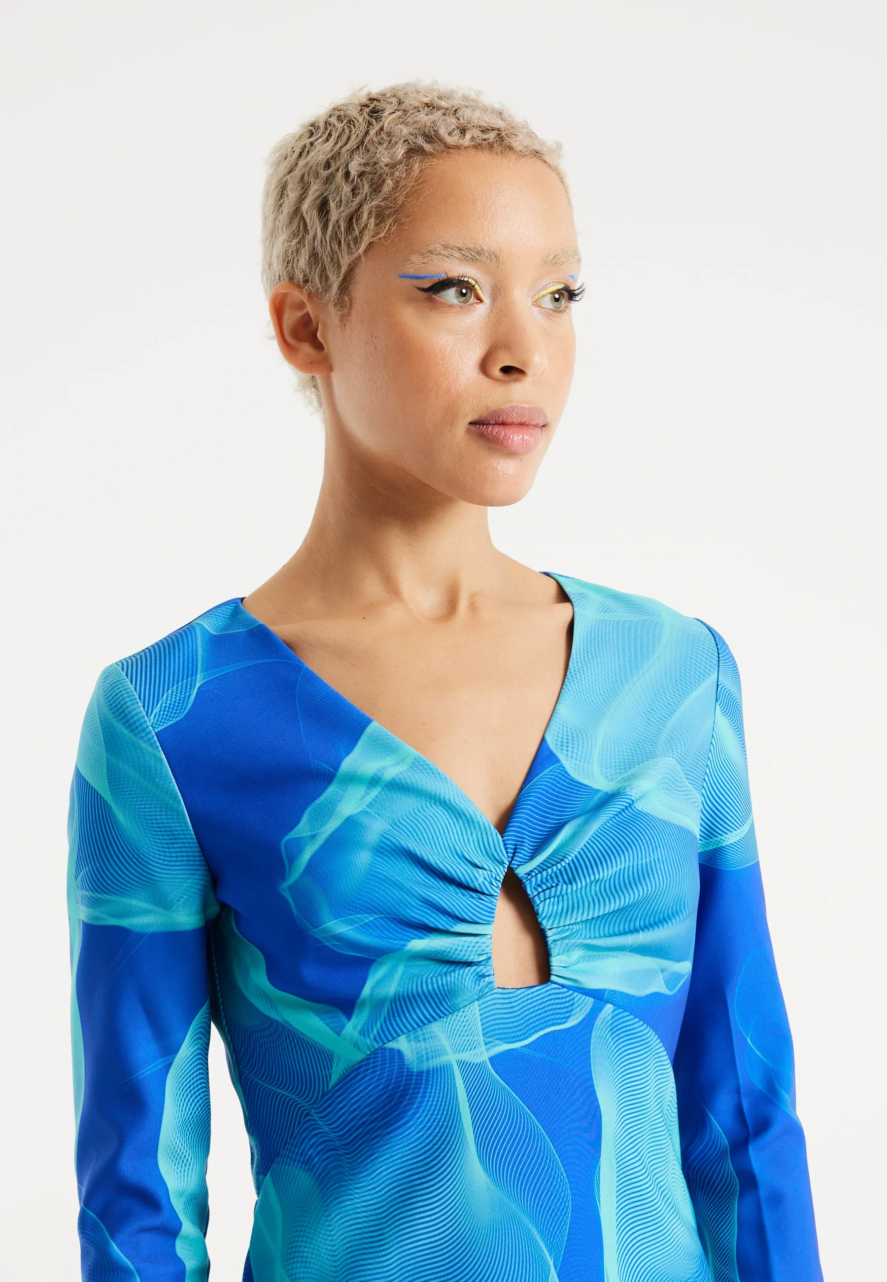 House Of Holland Aqua Mesh Abstract Wire Print Long Sleeve Dress With A Front Cut Out Detail