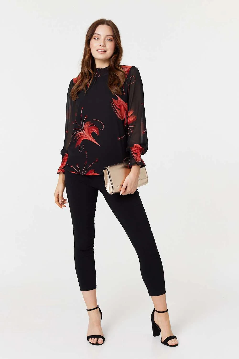 Printed High Neck Sheer Blouse